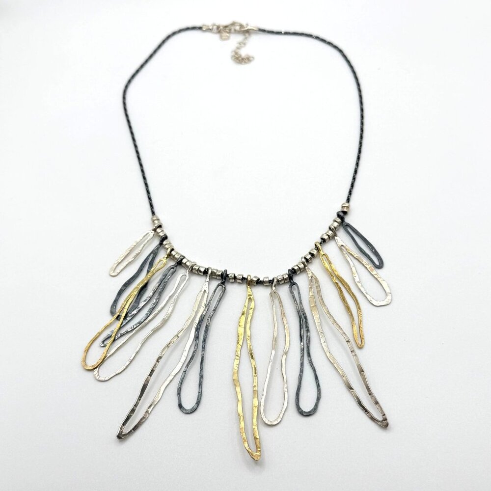 PAZ-PZ  Israel Modernist Dangle Tri-Color Sterling Silver Beaded Chain Necklace
